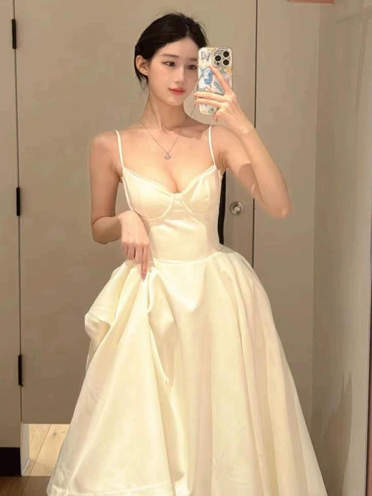 Sexy Ball Gown Spaghetti Straps White Satin Ankle Length Prom Dresses Evening Gowns C2528