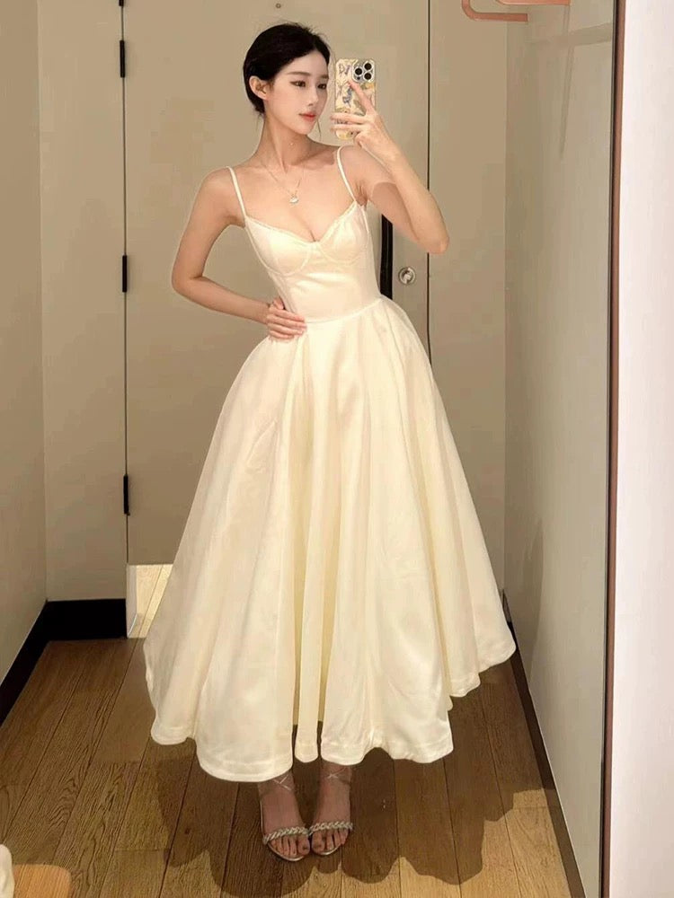 Sexy Ball Gown Spaghetti Straps White Satin Ankle Length Prom Dresses Evening Gowns C2528