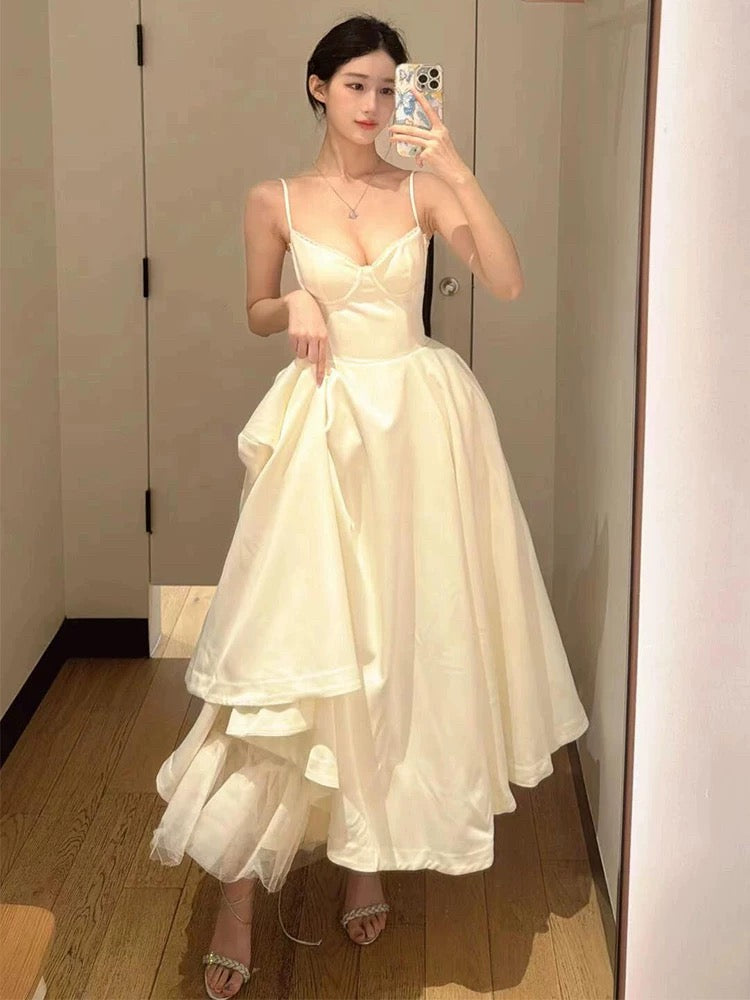 Sexy Ball Gown Spaghetti Straps White Satin Ankle Length Prom Dresses Evening Gowns C2528