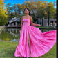 Classy Ball Gown Strapless Pink Floor Length Satin Slit Prom Dresses Prom Gowns C2533