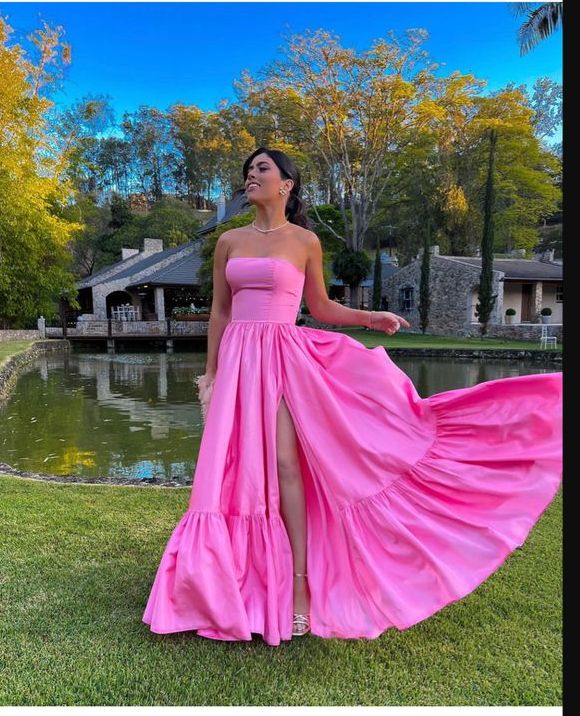 Classy Ball Gown Strapless Pink Floor Length Satin Slit Prom Dresses Prom Gowns C2533