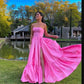 Classic A line Pink Strapless Long Prom Dress With Slit C2533