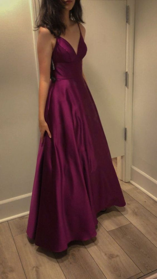 Classy A line Spaghetti Straps Grape Floor Length Satin Black Prom Dresses Prom Gowns C2535