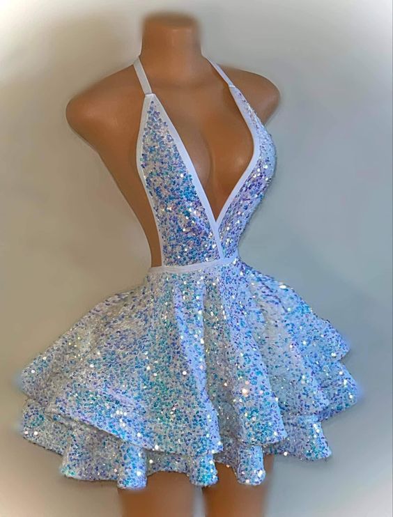 Robe de bal sexy à licou et paillettes blanches Robe de soirée courte Hoco avec dos nu C2539