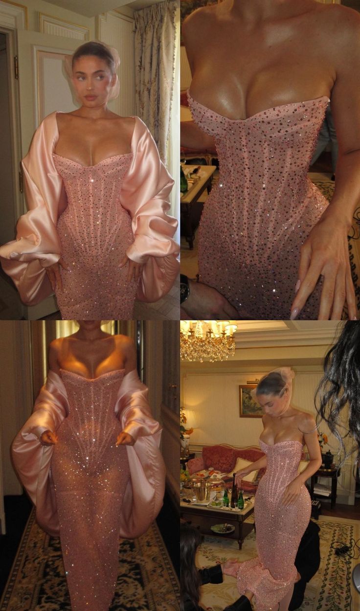 Classy Sheath Strapless Sequin Floor Length Pink Slit Prom Dresses Prom Gowns C2543