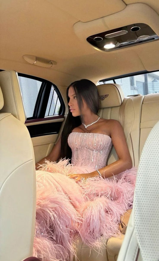 Classy Ball Gown Strapless Sequin Floor Length Pink Feather Prom Dresses Prom Gowns C2544