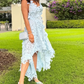 Classy High Low Halter Light Sky Blue Satin Prom Dresses With Flowers Backless Prom Gowns C2545