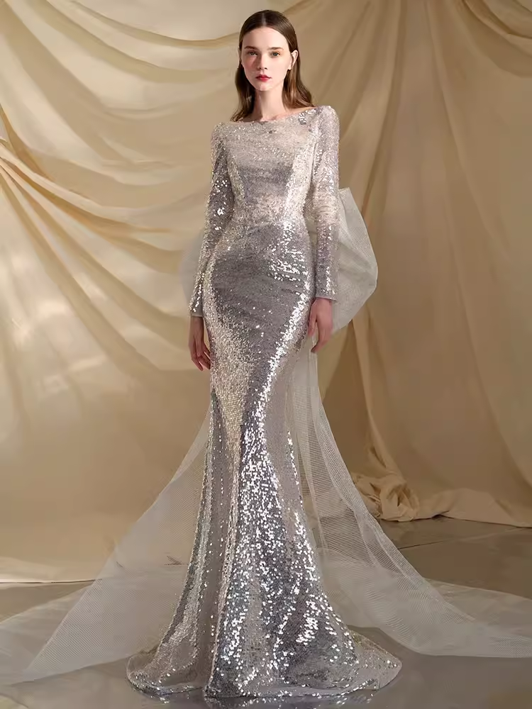 Sexy Mermaid Scoop Neckline Silver Sequin Prom Dresses Long Birthday Outfits C254