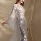 Sexy Mermaid Scoop Neckline Silver Sequin Prom Dresses Long Birthday Outfits C254