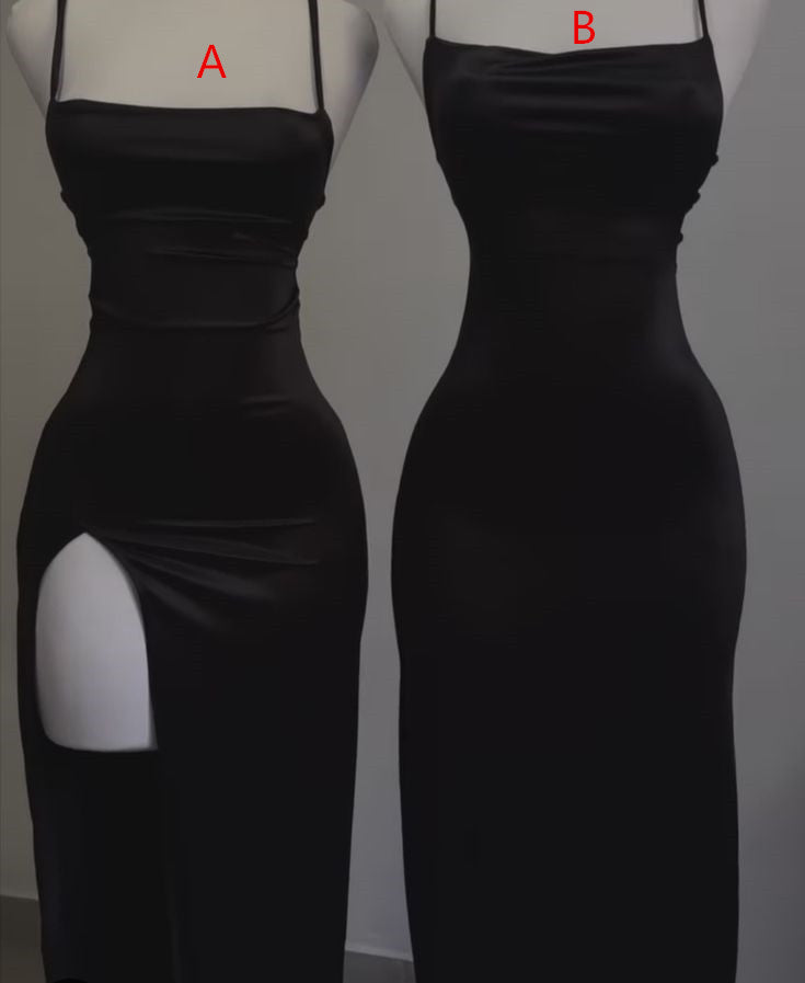 Robe de soirée longue noire à bretelles spaghetti et jolie robe fourreau pour fête d'anniversaire C2560