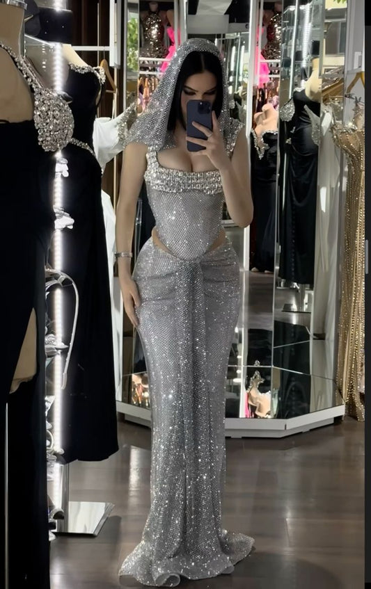 Pretty Mermaid Square Neckline Sequin Silver Long Prom Dresses Glitter Evening Dress C2566