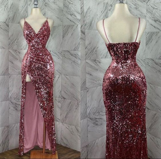 Pretty Sheath Spaghetti Straps Sequin Long Prom Dresses Glitter Slit Evening Dress C2567