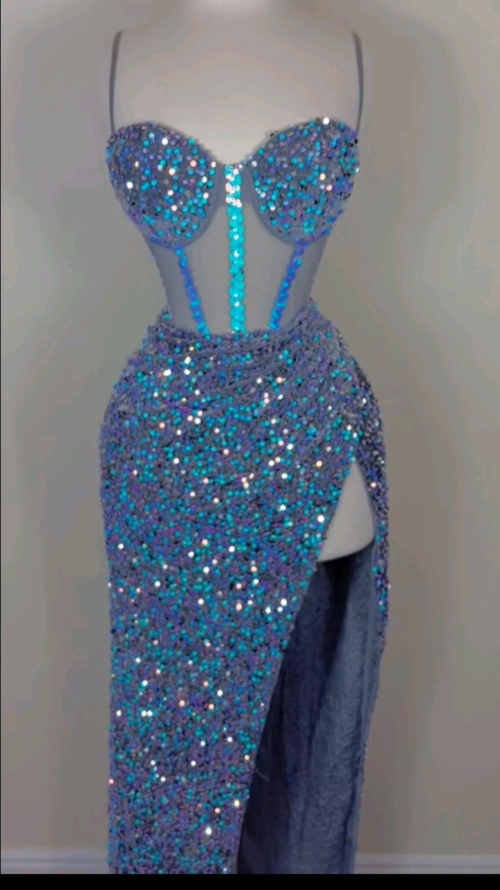 Pretty Sheath Spaghetti Straps Blue Long Sequin Long Slit Prom Dress C2576