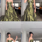 Pretty Ball Gown Strapless Green Satin Long Prom Dresses With Silver Beads C2580