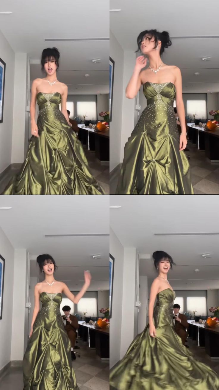 Pretty Ball Gown Strapless Green Satin Long Prom Dresses With Silver Beads C2580