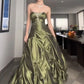 Pretty Ball Gown Strapless Green Satin Long Prom Dresses With Silver Beads C2580