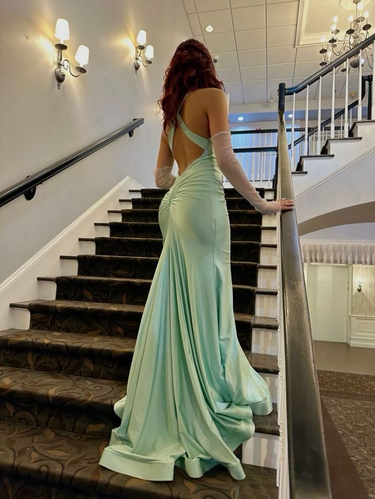 Fancy Mermaid Straps Backless Mint Green Long Prom Dresses C2582