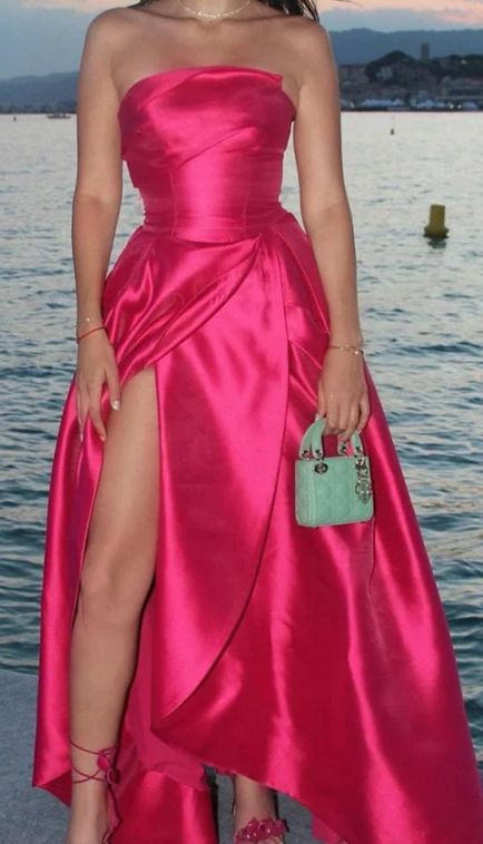 Fancy A line Strapless Hot Pink Slit Satin Long Prom Dresses C2585