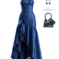 Fancy High Low Strapless Navy Blue Ruffles Long Prom Dresses Evening Dress C2587