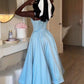 Pretty A line Spaghetti Straps Light Sky Blue Satin Ankle Length Prom Dresses Evening Dress C2590