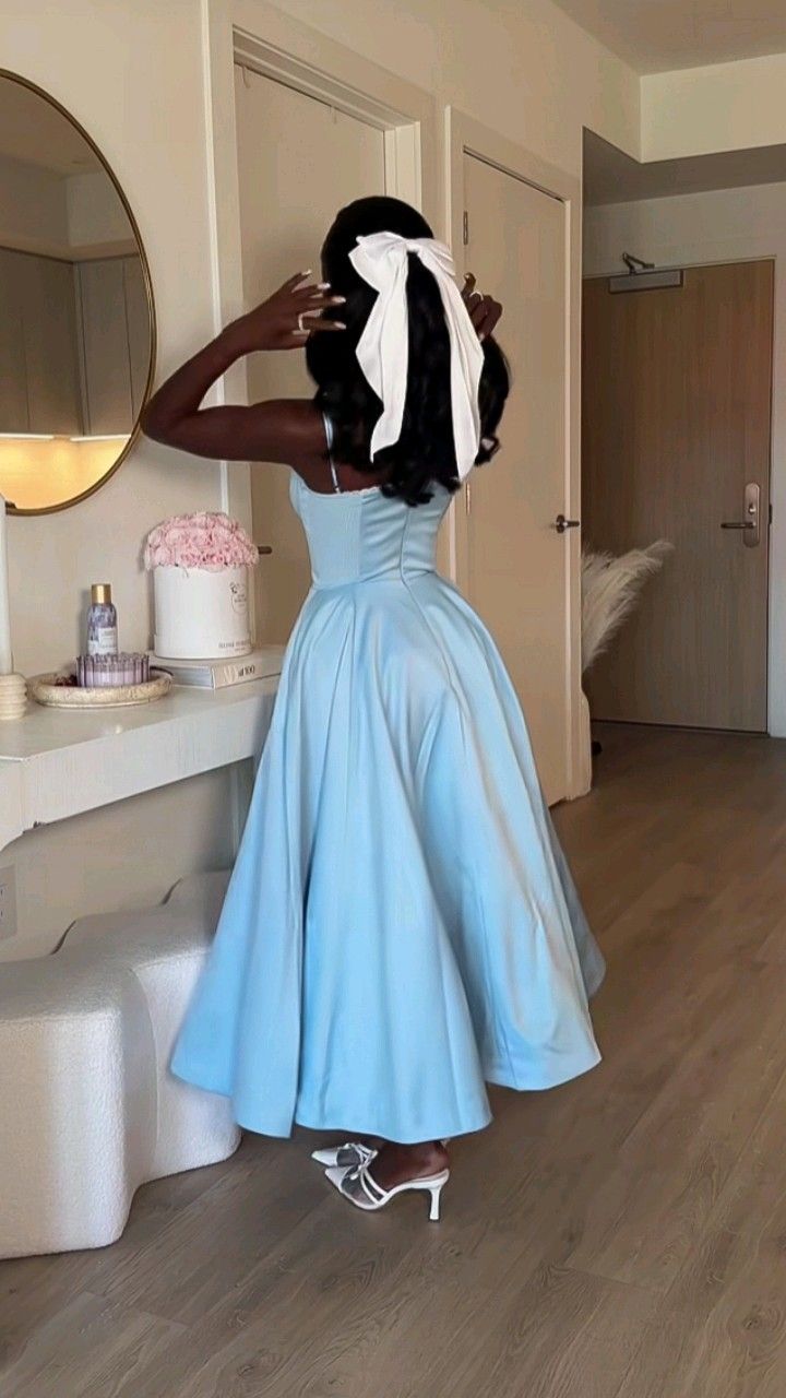 Pretty A line Spaghetti Straps Light Sky Blue Satin Ankle Length Prom Dresses Evening Dress C2590