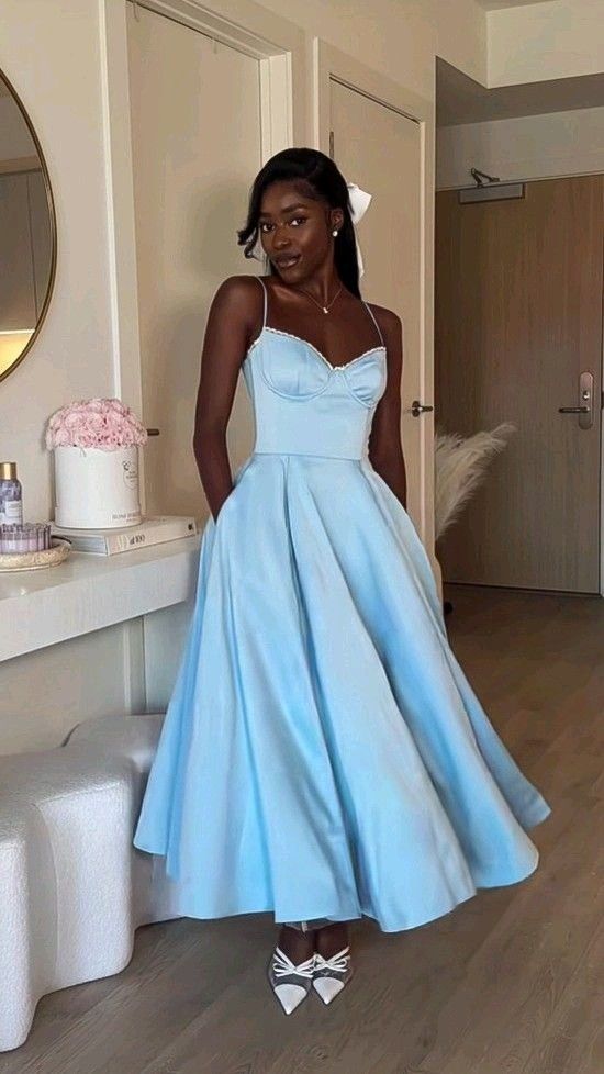 Pretty A line Spaghetti Straps Light Sky Blue Satin Ankle Length Prom Dresses Evening Dress C2590