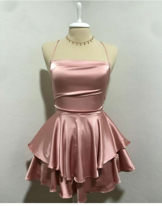 Robe de soirée en satin rose à bretelles spaghetti et ligne A simple C2602