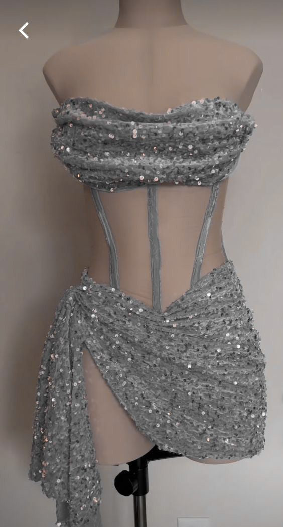 Sexy Sheath Strapless Gray Sequin Short Birthday Outfits Homecoming Dresses C2605