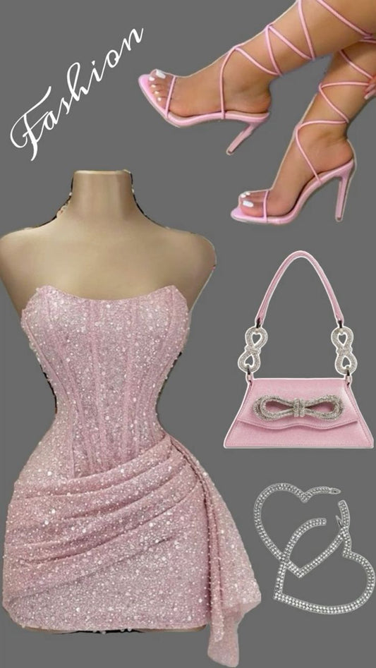 Sexy Sheath Strapless Pink Sequin Homecoming Dresses Short Birthday Outfits C2607