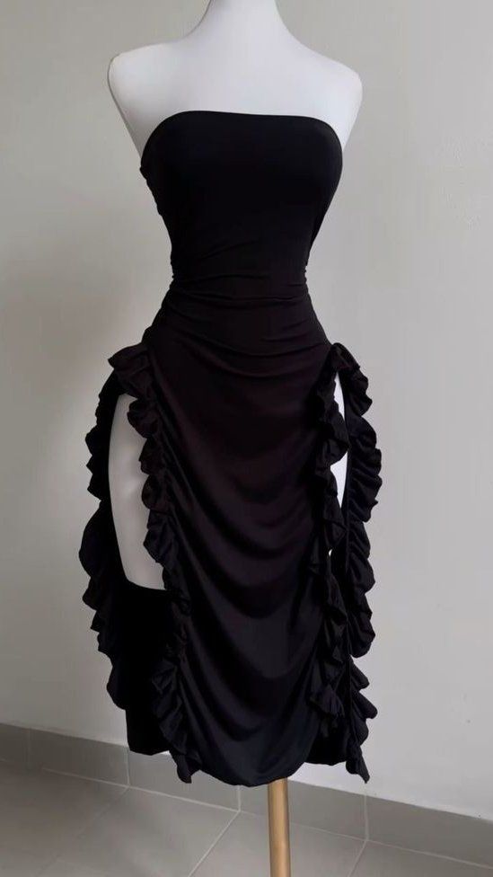 Robe de soirée sexy noire sans bretelles, tenue d'anniversaire courte, C2608