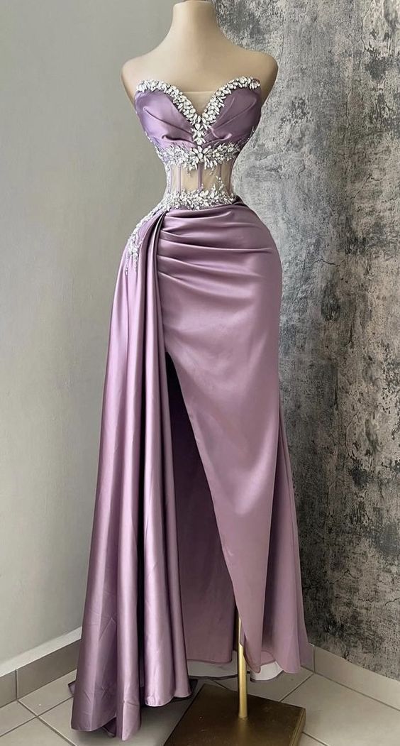 Sexy Sheath Strapless Lilac Satin Slit Floor Length Prom Dresses Evening Dress C2611