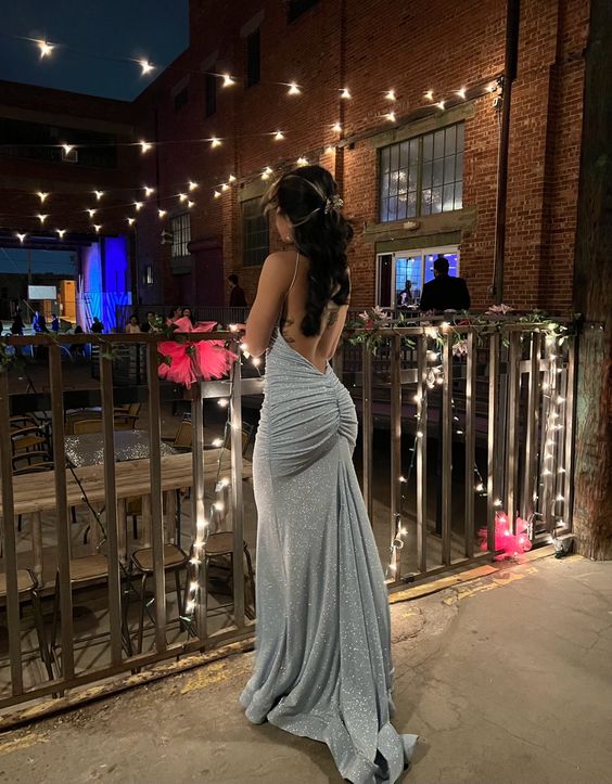 Sexy Mermaid Spaghetti Straps Gray Sequin Floor Length Prom Dresses Evening Dress C2612