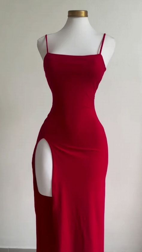 Sexy Sheath Spaghetti Straps Red Floor Length Slit Prom Dresses Evening Dress C2614