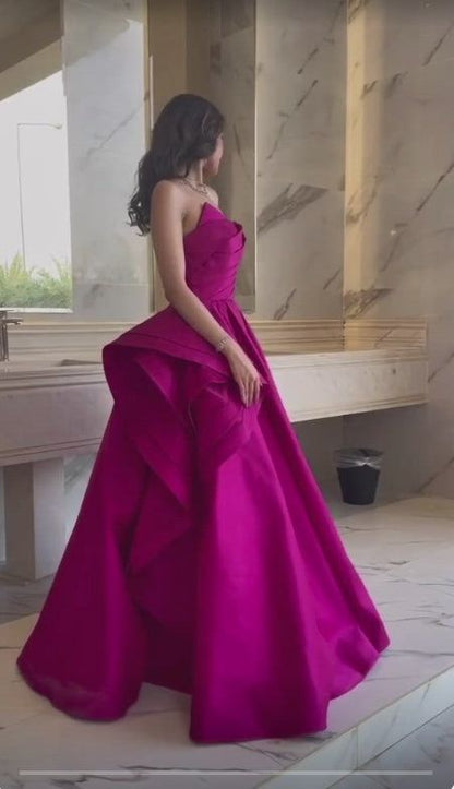 Fancy Ball Gown Strapless Hot Pink Long Prom Dresses Evening Dress C2626