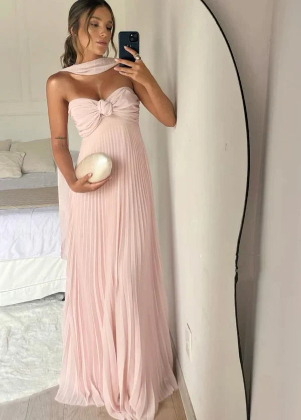 Classy A Line Strapless Light Pink Chiffon Long Prom Dresses Evening Dress With Ruffles C2646