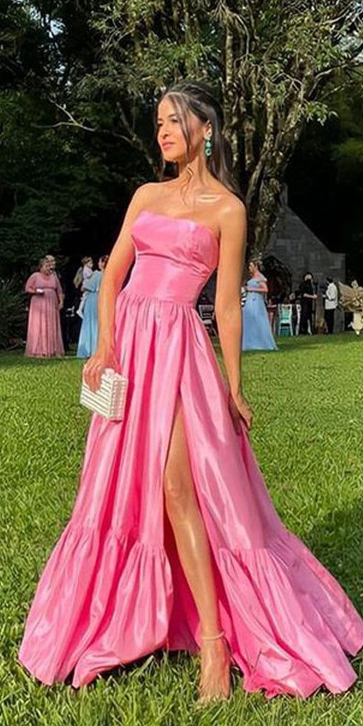 Robe de soirée longue en satin sans bretelles à coupe A élégante C2650