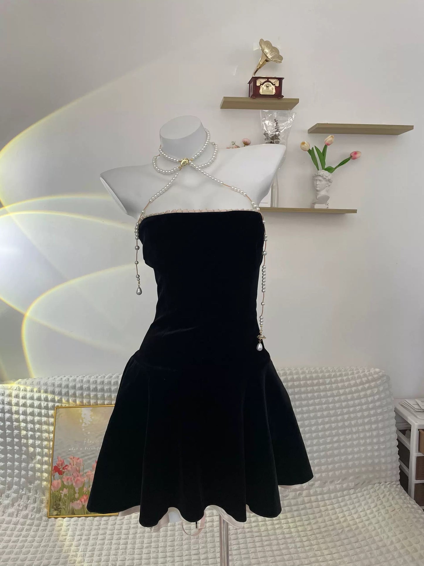 Robe de soirée courte en velours noir sans bretelles vintage A Line C2662