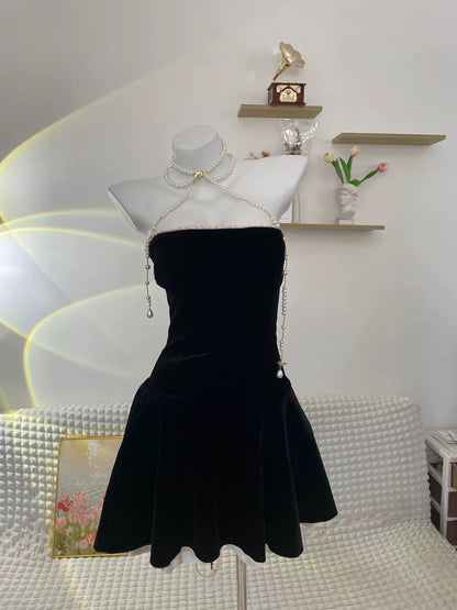 Robe de soirée courte en velours noir sans bretelles vintage A Line C2662