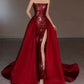 Pretty Strapless Red A Line Long Prom Dresses With Slit C2667