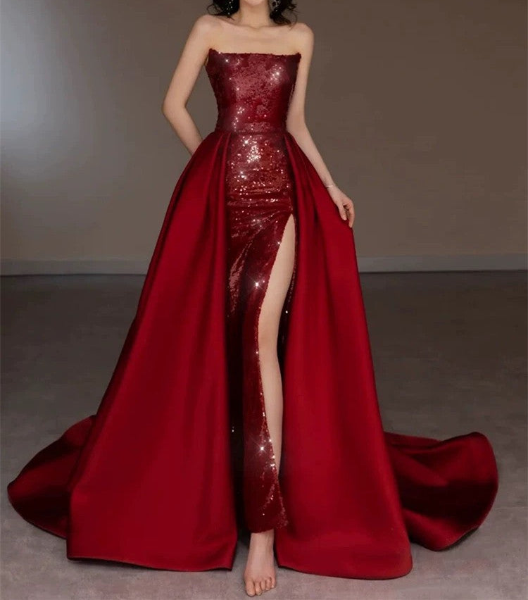 Pretty Strapless Red A Line Long Prom Dresses With Slit C2667