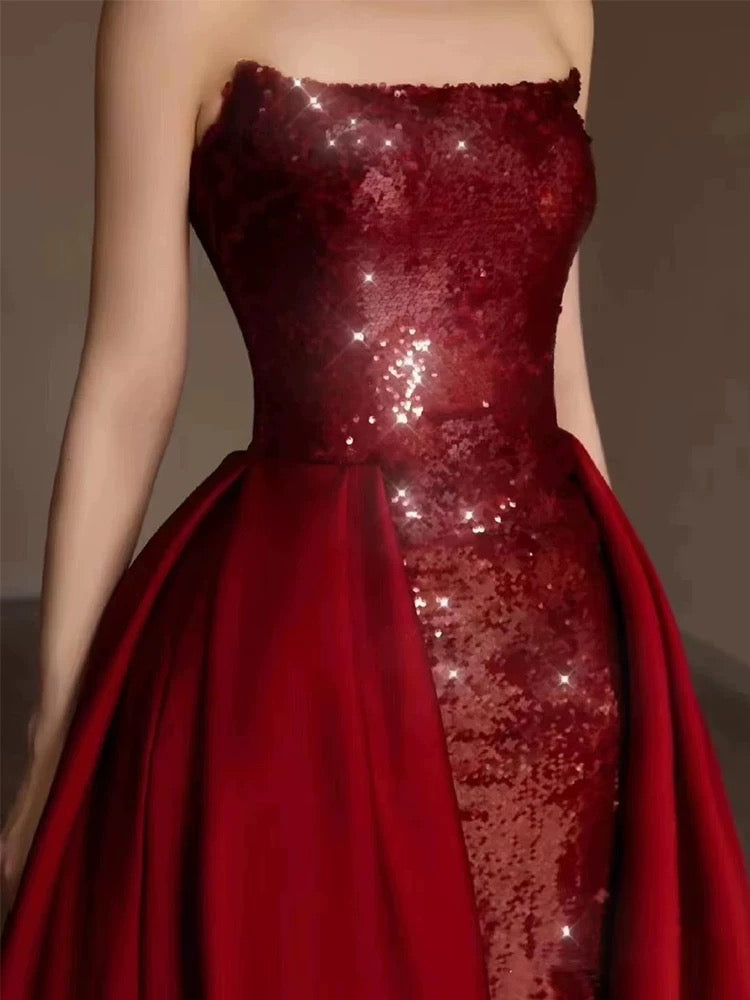 Pretty Strapless Red A Line Long Prom Dresses With Slit C2667