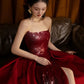 Pretty Strapless Red A Line Long Prom Dresses With Slit C2667