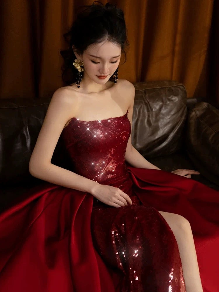 Pretty Strapless Red A Line Long Prom Dresses With Slit C2667