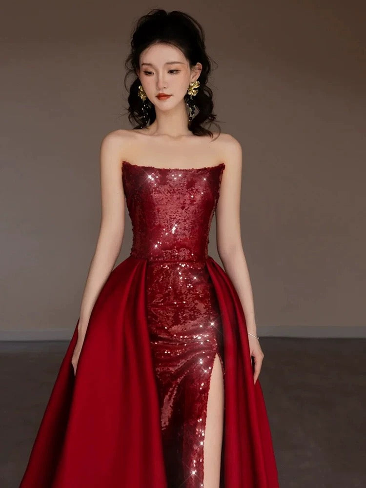 Pretty Strapless Red A Line Long Prom Dresses With Slit C2667