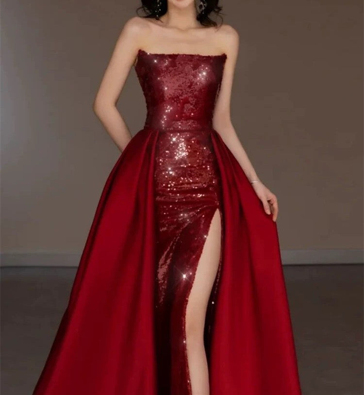 Pretty Strapless Red A Line Long Prom Dresses With Slit C2667