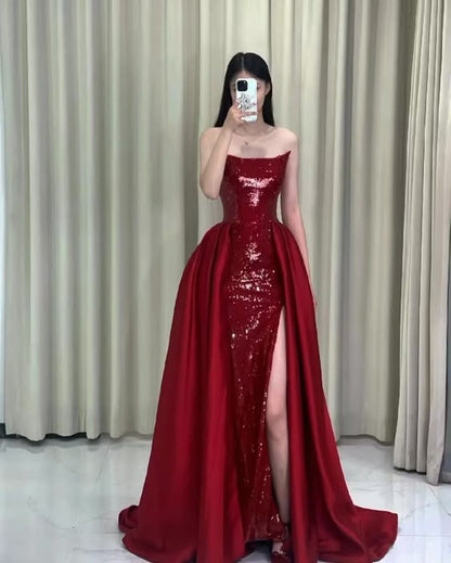 Pretty Strapless Red A Line Long Prom Dresses With Slit C2667