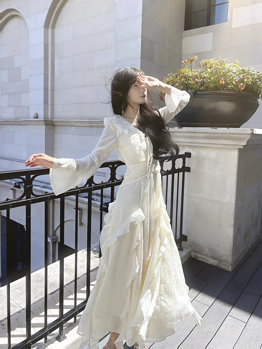 Gorgeous A line Chiffon Long Sleeves White Prom Dress With Layers C2674