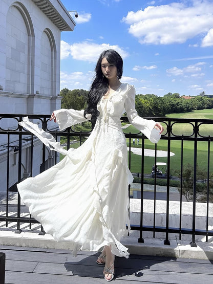 Gorgeous A line Chiffon Long Sleeves White Prom Dress With Layers C2674