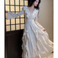 Gorgeous A line Chiffon Long Sleeves White Prom Dress With Layers C2674