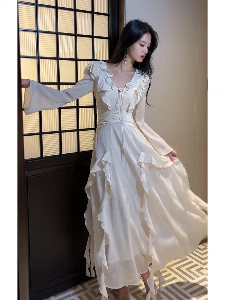 Gorgeous A line Chiffon Long Sleeves White Prom Dress With Layers C2674